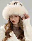 Ethnic style mink warm ear protection fox fur bucket hat - variant_title