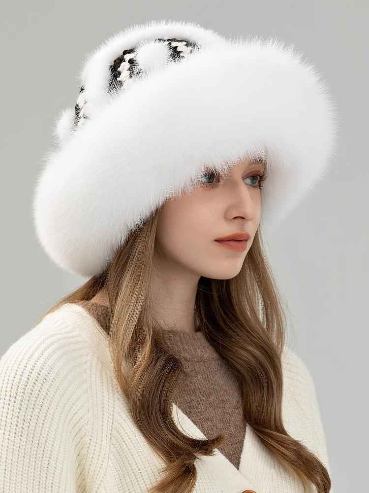 Ethnic style mink warm ear protection fox fur bucket hat - variant_title
