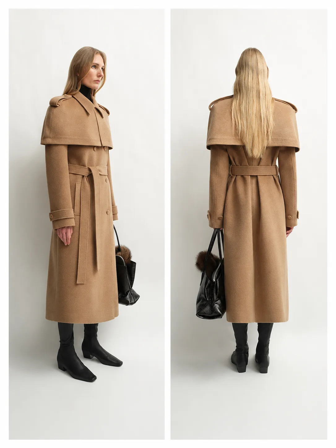 “3 Looks in One Coat” Firelady Fur Women's Alpaca Wool Coat with Detachable Cape "Elegant Silhouette"