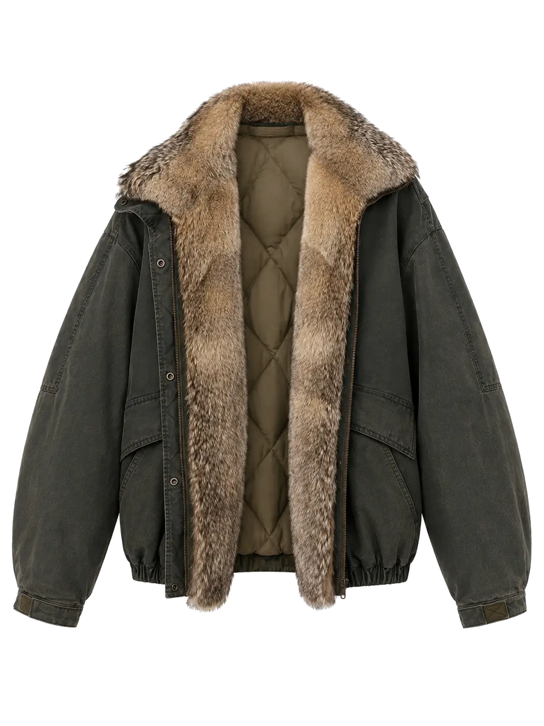 Model wearing Fireladyfur City Cruise goose down parka with fox fur collar