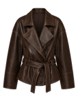 Firelady Fur Women's Waxed Sheepskin Biker Coat - Belted Asymmetric Lapel "Peninsula Black Tea"