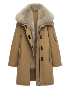 Firelady Fur Swan Feather Collection khaki raccoon fur down parka front product cutout