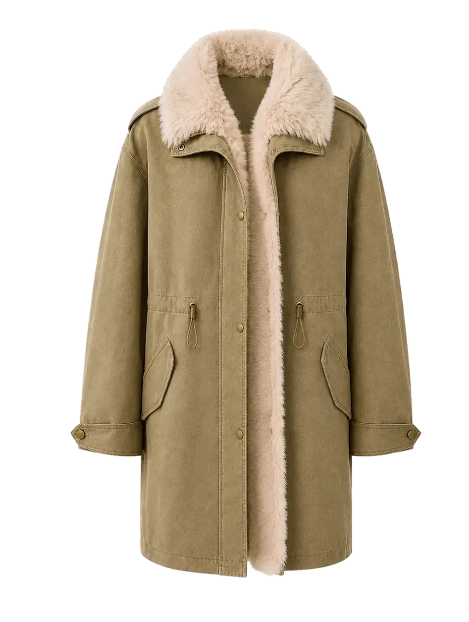 Firelady Fur Cool Denim Fabric khaki shearling-trim down parka product view