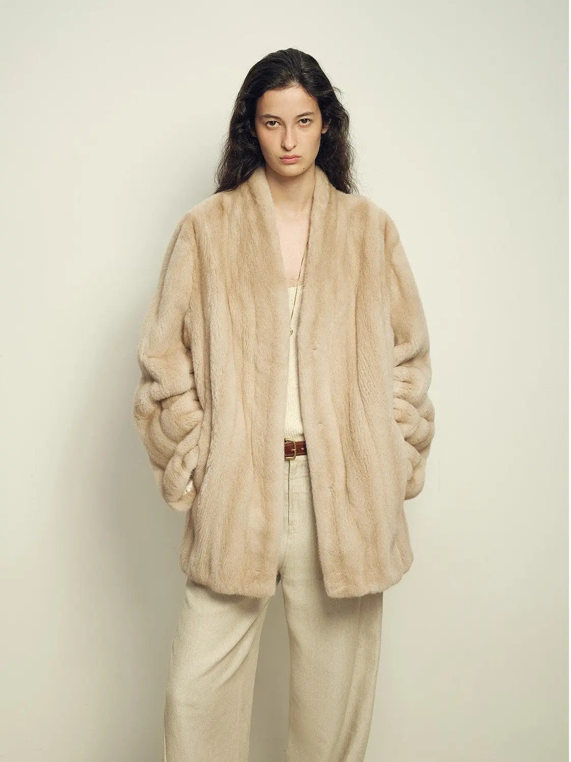 Fairy Mountain Dew Beige natural mink coat on model, front view