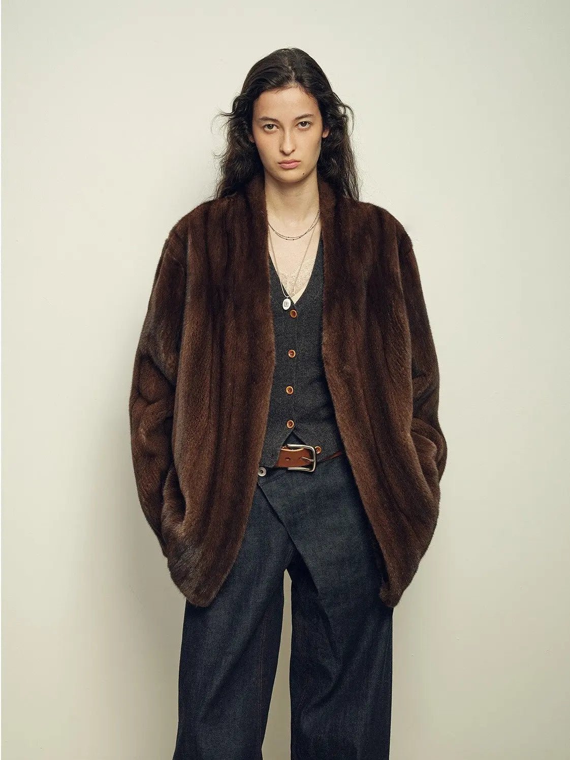Fairy Mountain Dew Brown natural mink coat on model, front view