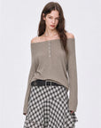 Firelady Fur Fashion Law army green gray off-shoulder raglan sleeve top front detail on EVA model