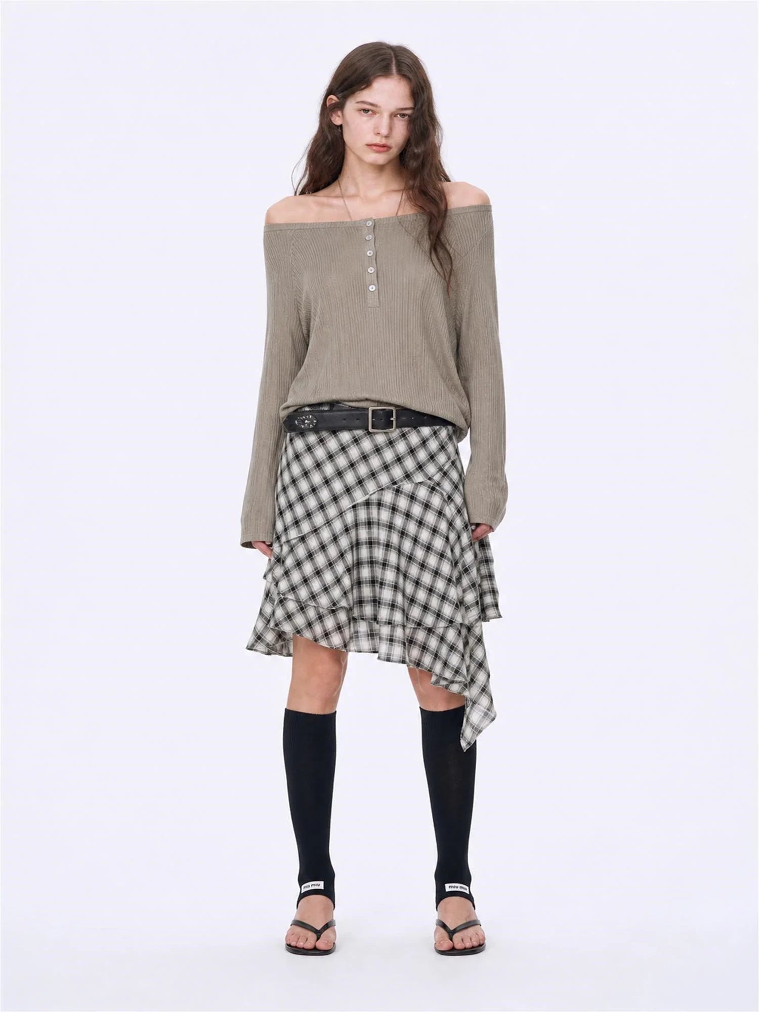 Firelady Fur Fashion Law army green gray off-shoulder raglan sleeve top on EVA model front view