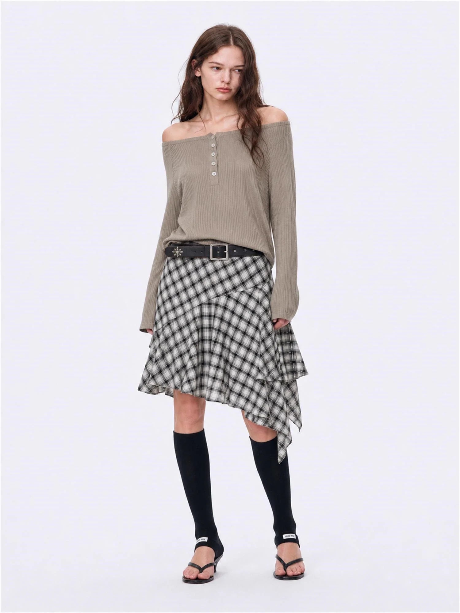 Firelady Fur Fashion Law army green gray off-shoulder raglan sleeve top on EVA model angled view