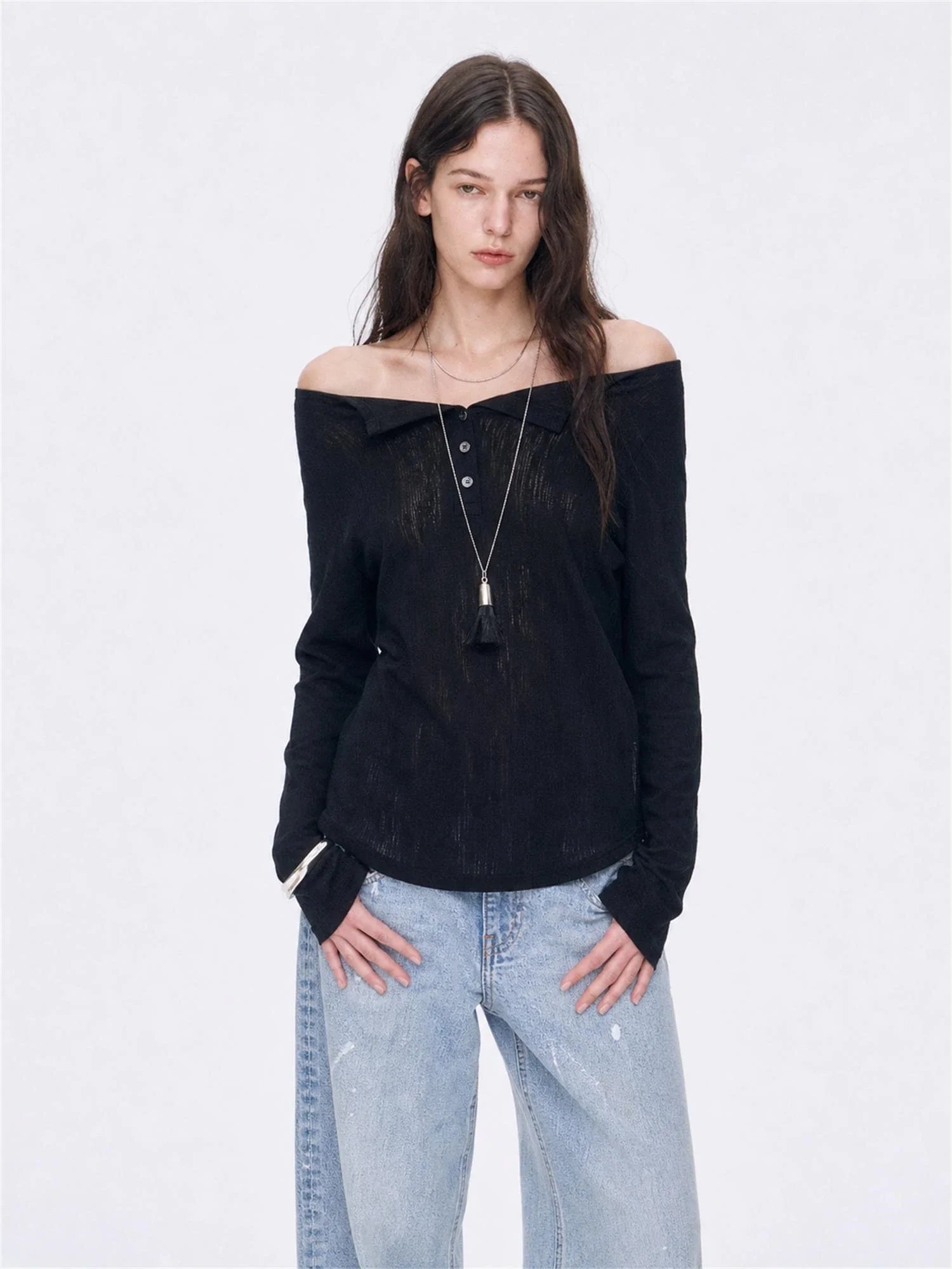 Firelady Fur Fashion Law black off-shoulder raglan sleeve top front detail on EVA model