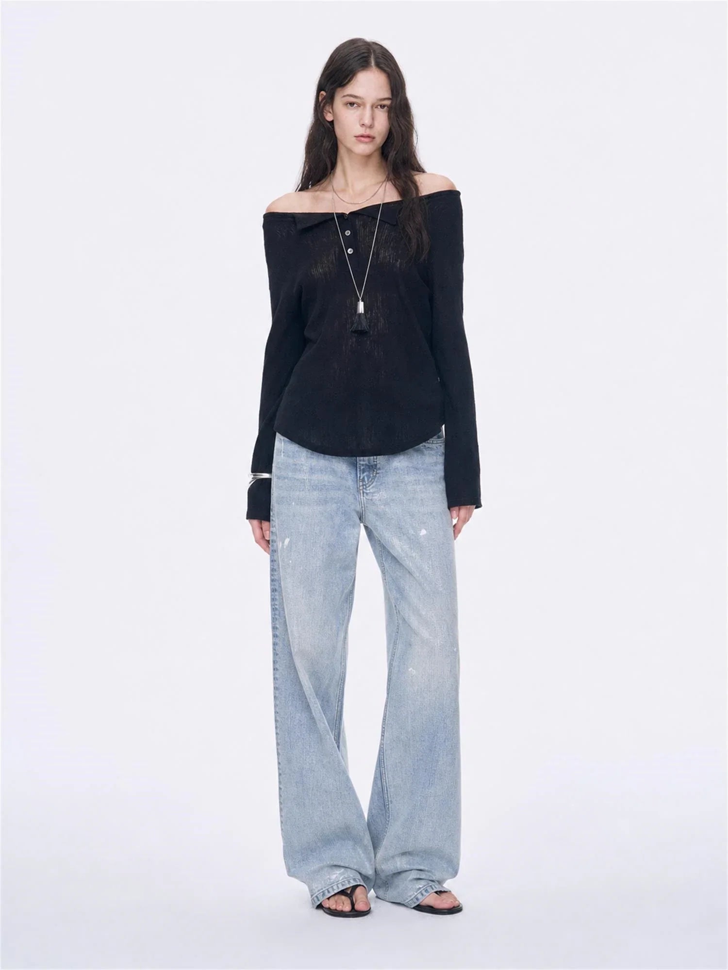 Firelady Fur Fashion Law black off-shoulder raglan sleeve top on EVA model front view
