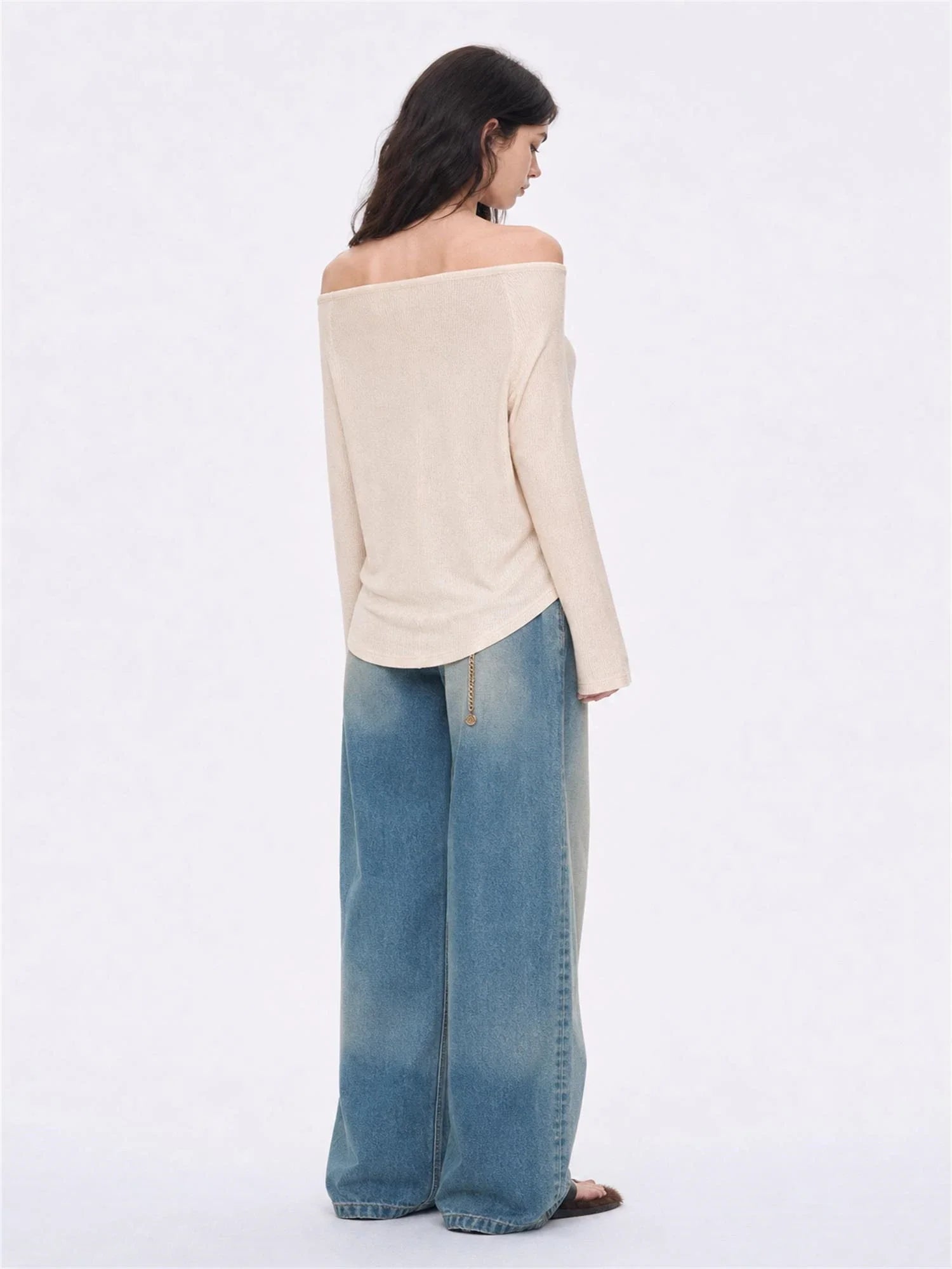 Firelady Fur Fashion Law golden gray off-shoulder raglan sleeve top on EVA model back view