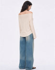 Firelady Fur Fashion Law golden gray off-shoulder raglan sleeve top on EVA model back view