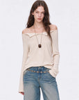Firelady Fur Fashion Law golden gray off-shoulder raglan sleeve top front detail on EVA model