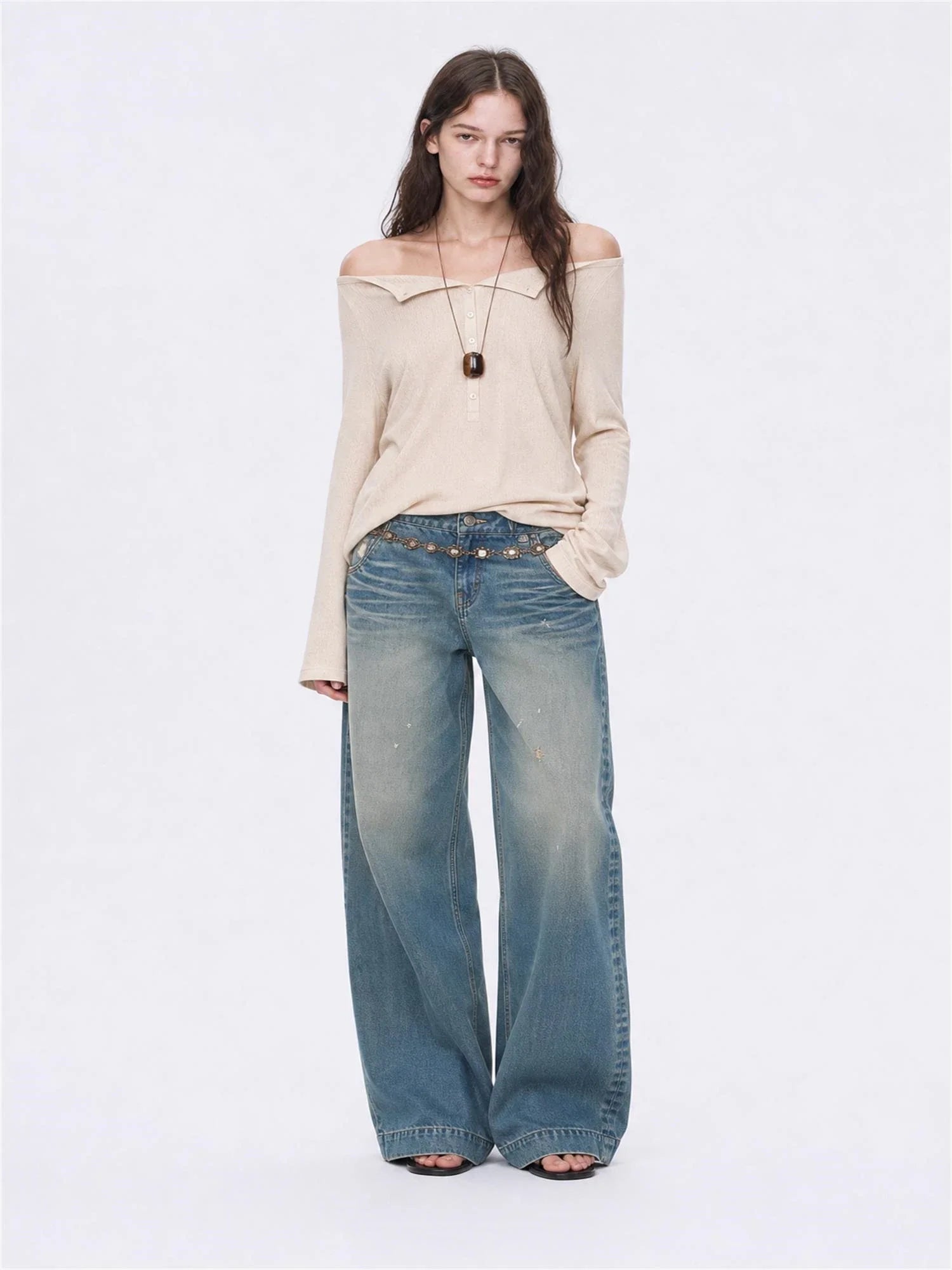 Firelady Fur Fashion Law golden gray off-shoulder raglan sleeve top on EVA model front view