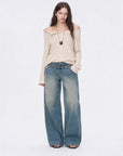 Firelady Fur Fashion Law golden gray off-shoulder raglan sleeve top on EVA model front view