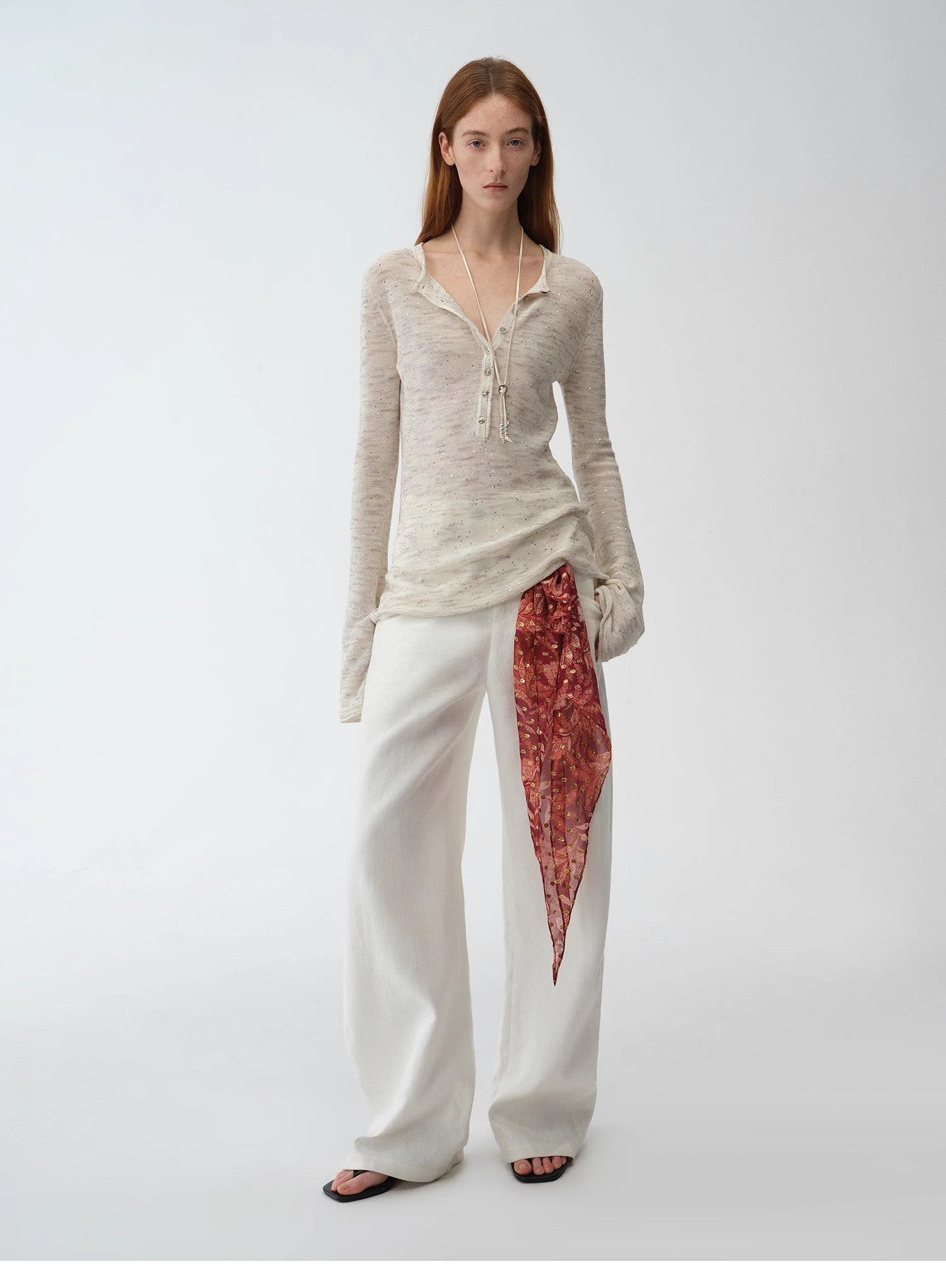 Fashionable cotton and linen beaded fancy yarn waisted bell sleeves round neck cardigan knitted top"Perry Moonlight" - variant_title