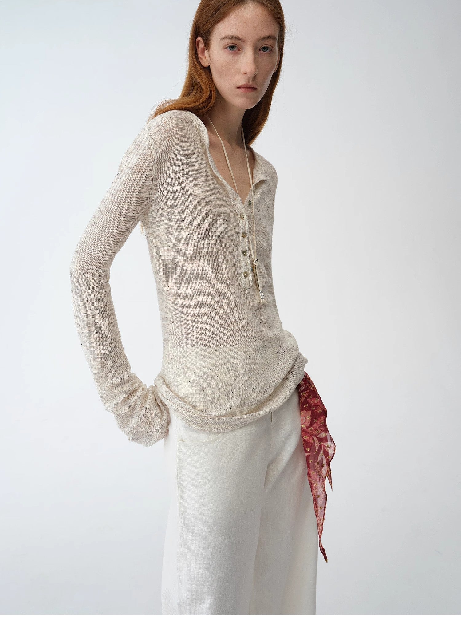 Fashionable cotton and linen beaded fancy yarn waisted bell sleeves round neck cardigan knitted top"Perry Moonlight" - variant_title