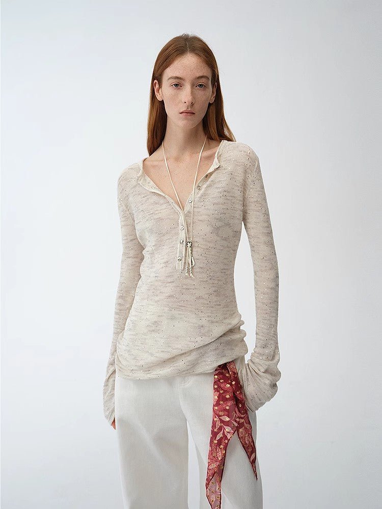 Fashionable cotton and linen beaded fancy yarn waisted bell sleeves round neck cardigan knitted top"Perry Moonlight" - variant_title