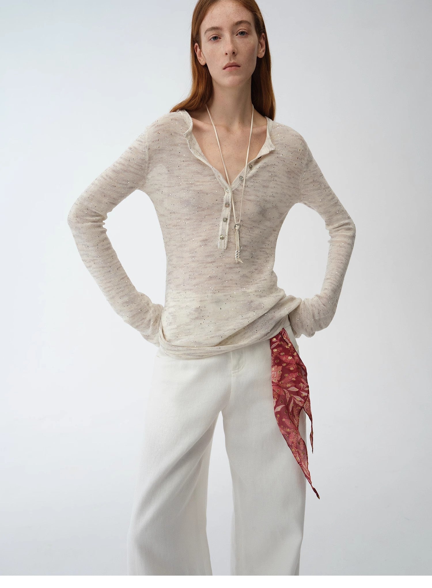Fashionable cotton and linen beaded fancy yarn waisted bell sleeves round neck cardigan knitted top"Perry Moonlight" - variant_title