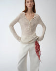 Fashionable cotton and linen beaded fancy yarn waisted bell sleeves round neck cardigan knitted top"Perry Moonlight" - variant_title