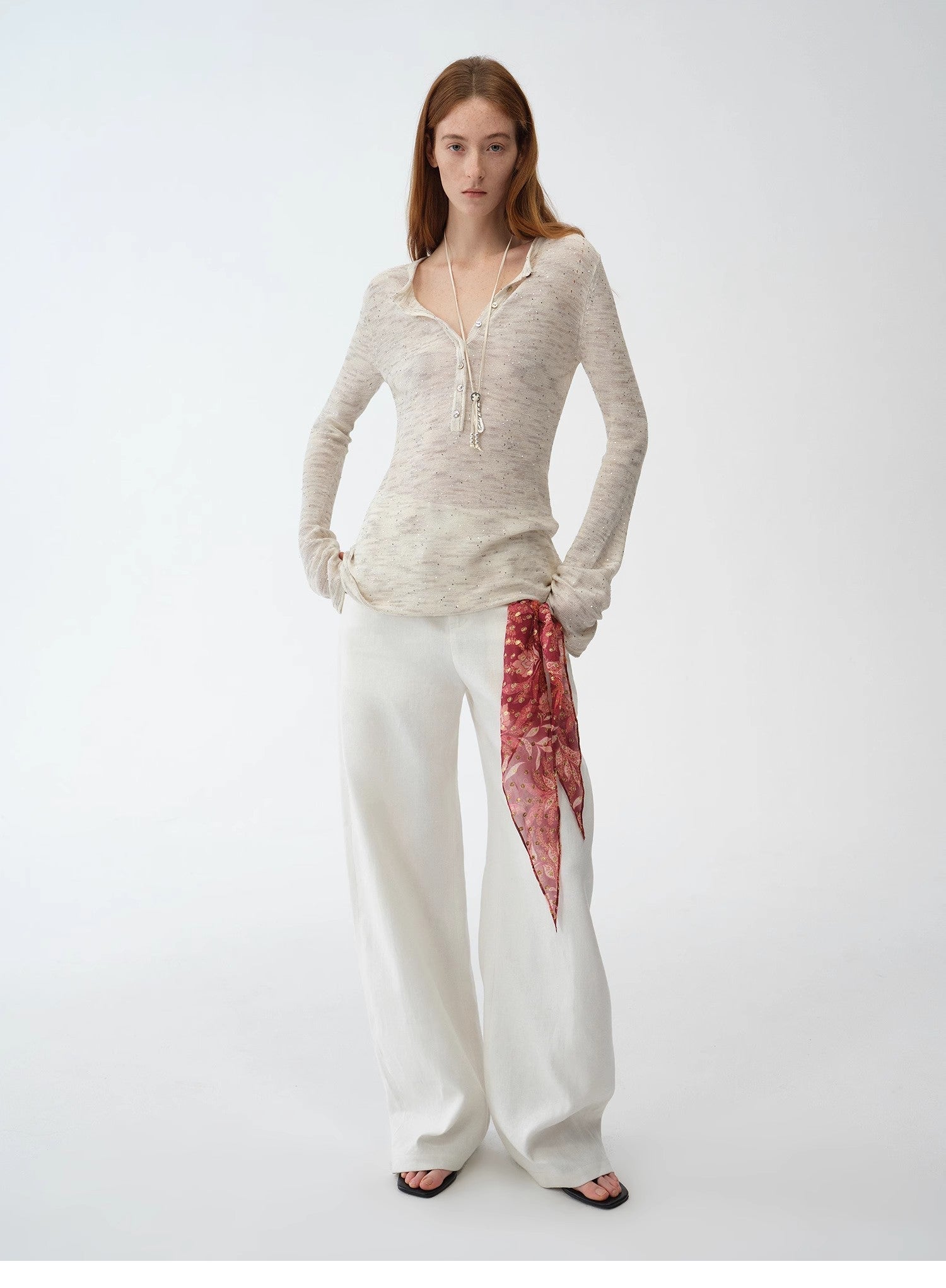Fashionable cotton and linen beaded fancy yarn waisted bell sleeves round neck cardigan knitted top"Perry Moonlight" - variant_title