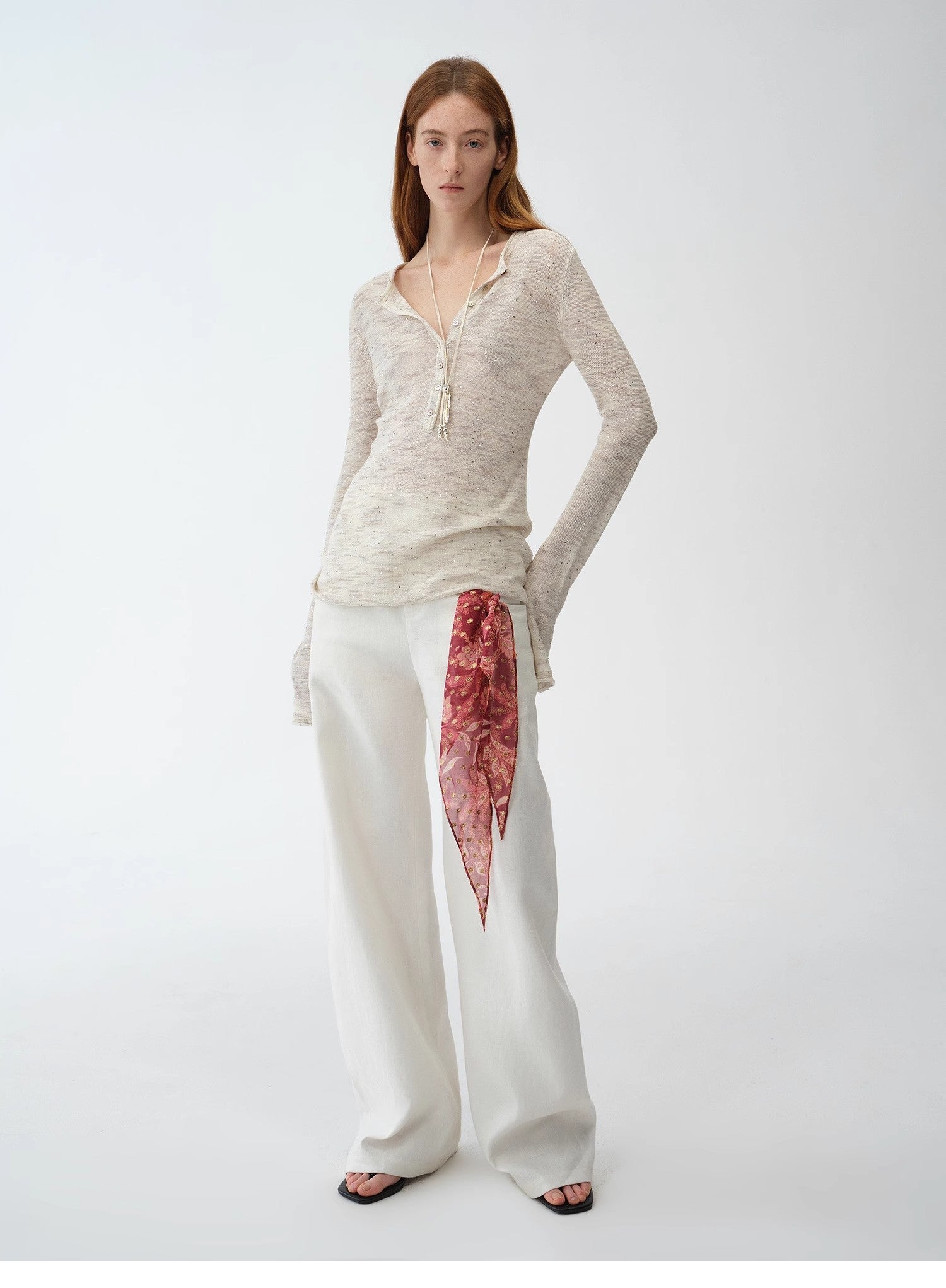 Fashionable cotton and linen beaded fancy yarn waisted bell sleeves round neck cardigan knitted top"Perry Moonlight" - variant_title