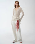 Fashionable cotton and linen beaded fancy yarn waisted bell sleeves round neck cardigan knitted top"Perry Moonlight" - variant_title