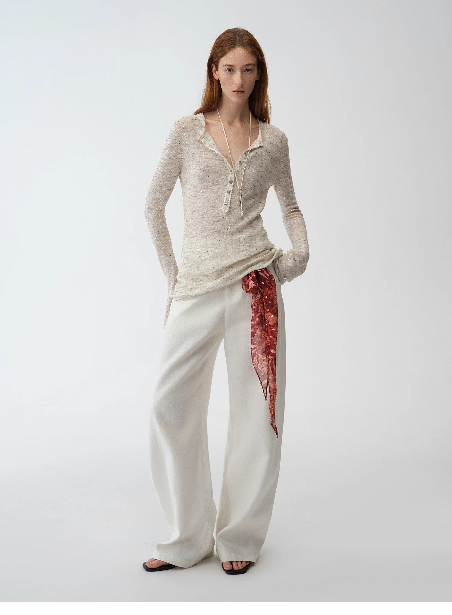 Fashionable cotton and linen beaded fancy yarn waisted bell sleeves round neck cardigan knitted top"Perry Moonlight" - variant_title