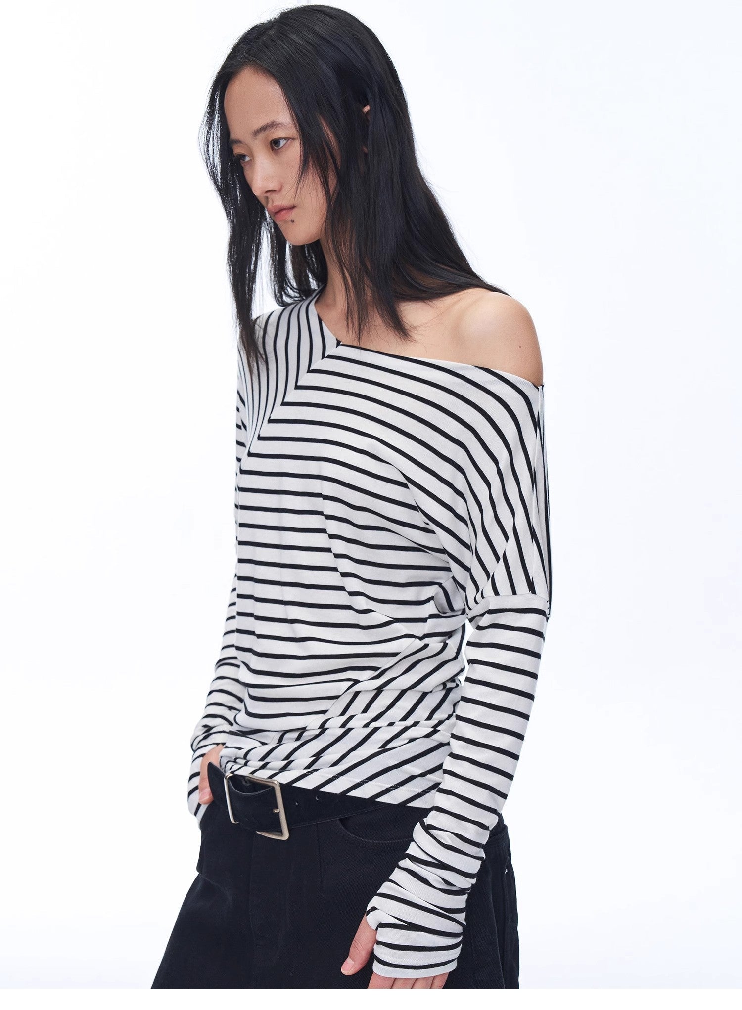 Fashionable off - shoulder Lyocell Tencel wool blended draped patchwork striped T-shirt"Picasso Lines" - variant_title