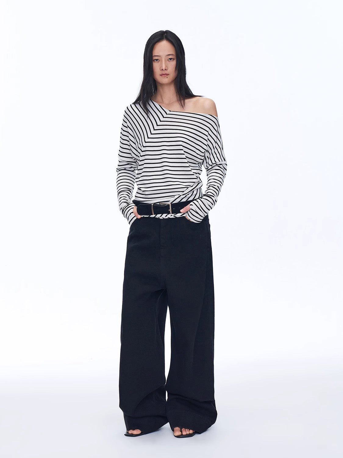 Fashionable off - shoulder Lyocell Tencel wool blended draped patchwork striped T-shirt"Picasso Lines" - variant_title