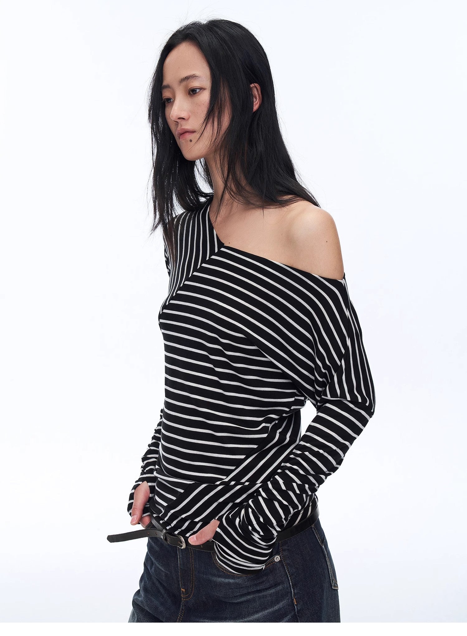 Fashionable off - shoulder Lyocell Tencel wool blended draped patchwork striped T-shirt"Picasso Lines" - variant_title