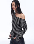 Fashionable off - shoulder Lyocell Tencel wool blended draped patchwork striped T-shirt"Picasso Lines" - variant_title