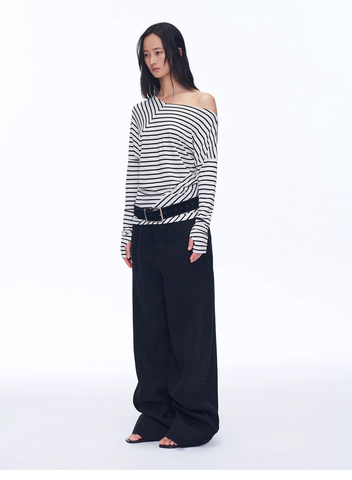 Fashionable off - shoulder Lyocell Tencel wool blended draped patchwork striped T-shirt"Picasso Lines" - variant_title