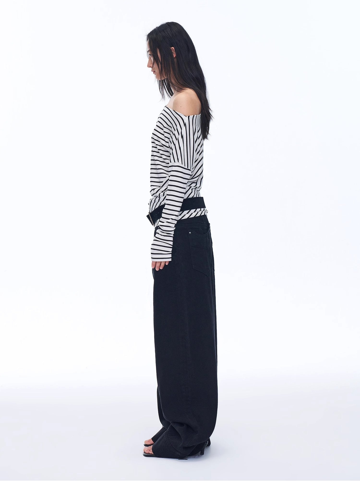 Fashionable off - shoulder Lyocell Tencel wool blended draped patchwork striped T-shirt"Picasso Lines" - variant_title