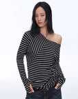 Fashionable off - shoulder Lyocell Tencel wool blended draped patchwork striped T-shirt"Picasso Lines" - variant_title