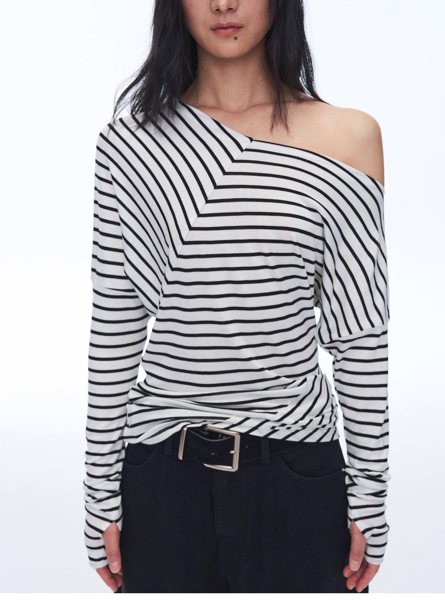 Fashionable off - shoulder Lyocell Tencel wool blended draped patchwork striped T-shirt"Picasso Lines" - variant_title
