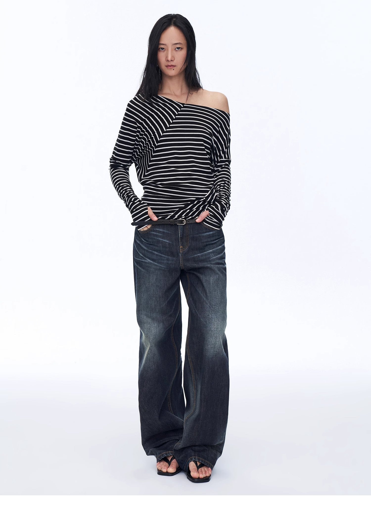 Fashionable off - shoulder Lyocell Tencel wool blended draped patchwork striped T-shirt"Picasso Lines" - variant_title