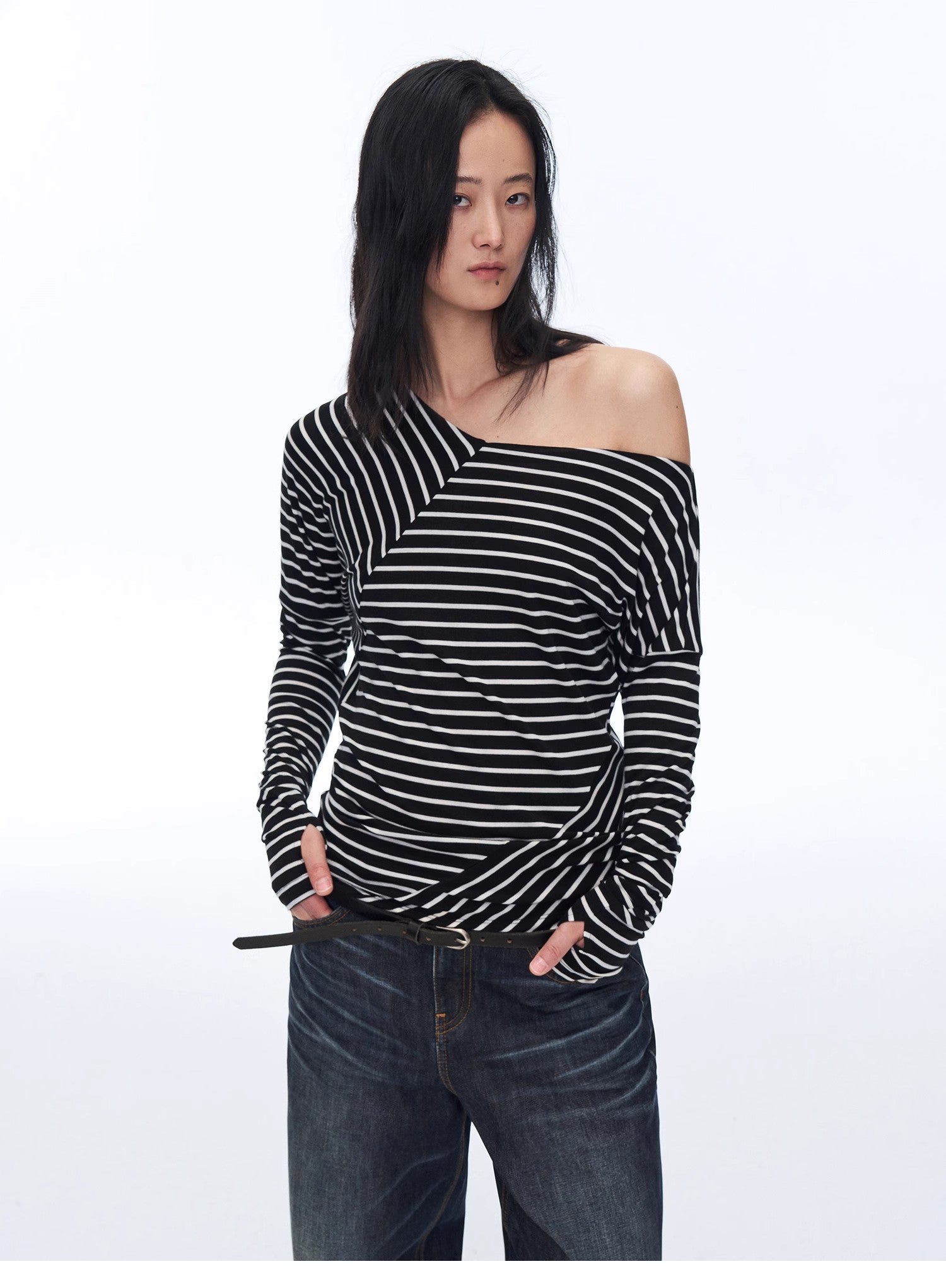 Fashionable off - shoulder Lyocell Tencel wool blended draped patchwork striped T-shirt"Picasso Lines" - variant_title