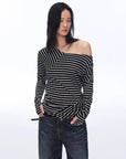 Fashionable off - shoulder Lyocell Tencel wool blended draped patchwork striped T-shirt"Picasso Lines" - variant_title