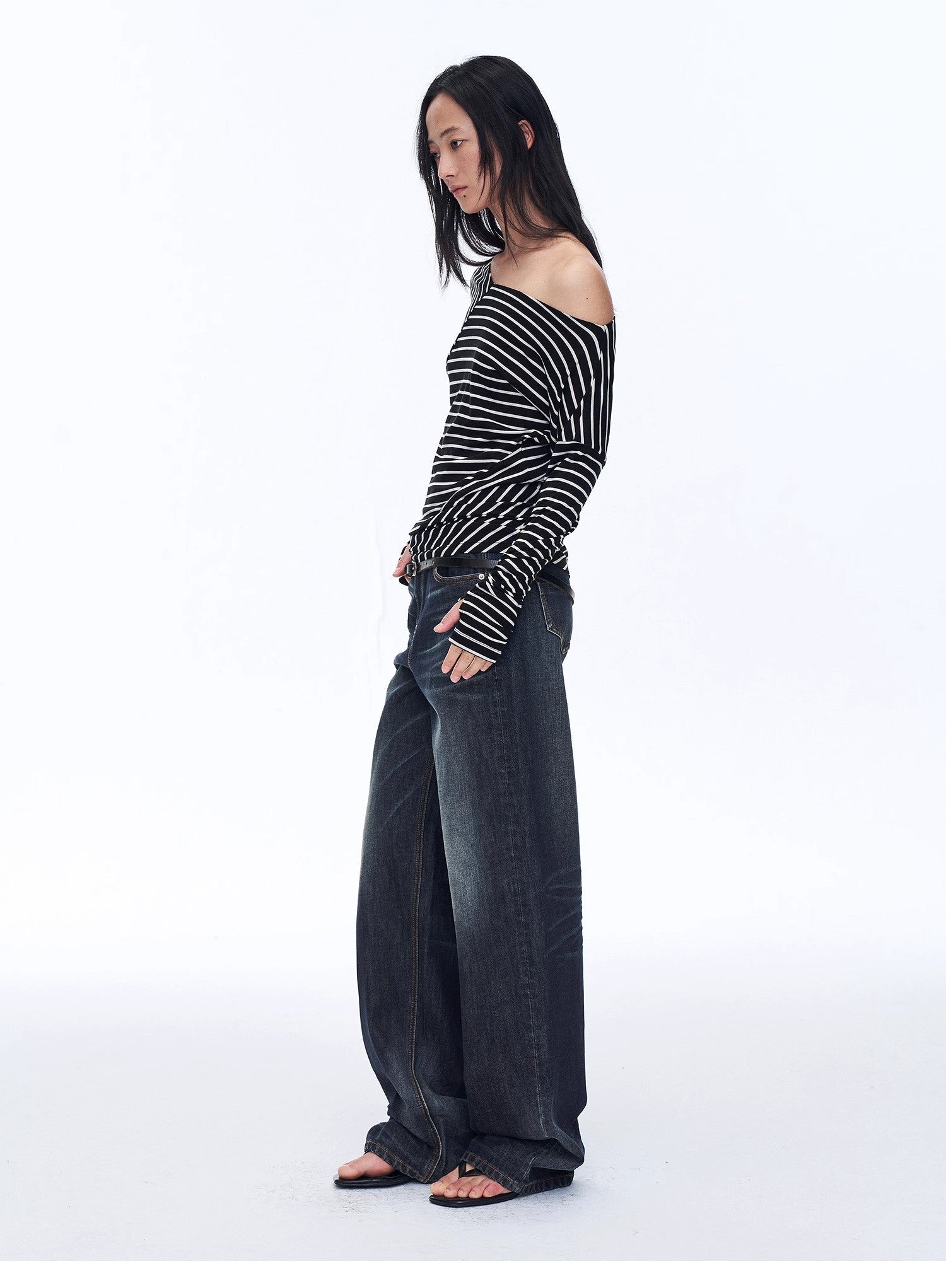 Fashionable off - shoulder Lyocell Tencel wool blended draped patchwork striped T-shirt"Picasso Lines" - variant_title
