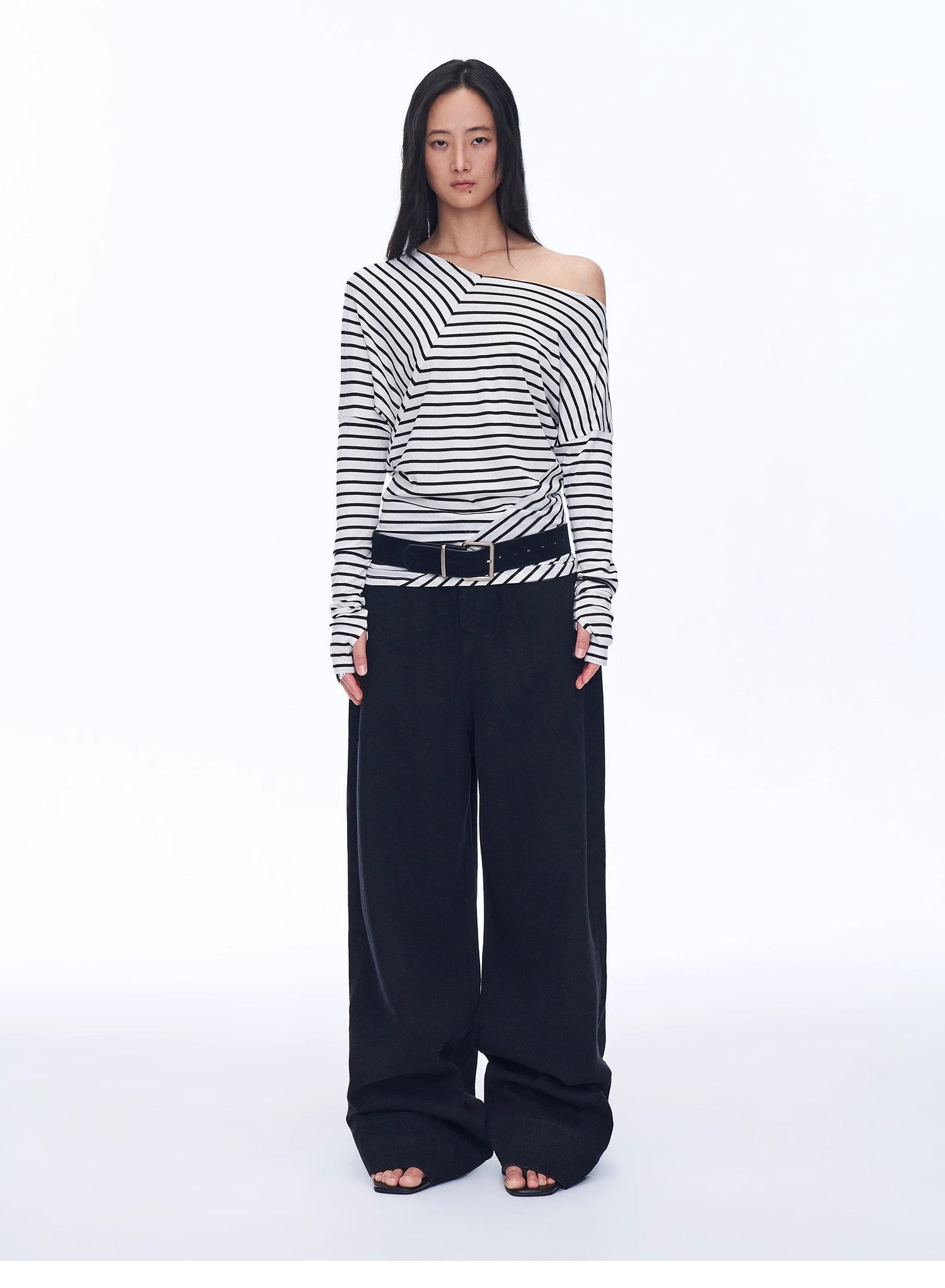 Fashionable off - shoulder Lyocell Tencel wool blended draped patchwork striped T-shirt"Picasso Lines" - variant_title