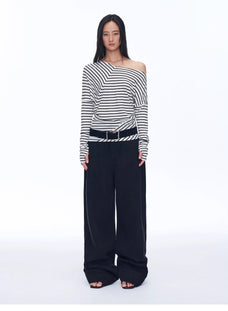 Fashionable off - shoulder Lyocell Tencel wool blended draped patchwork striped T-shirt"Picasso Lines" - variant_title
