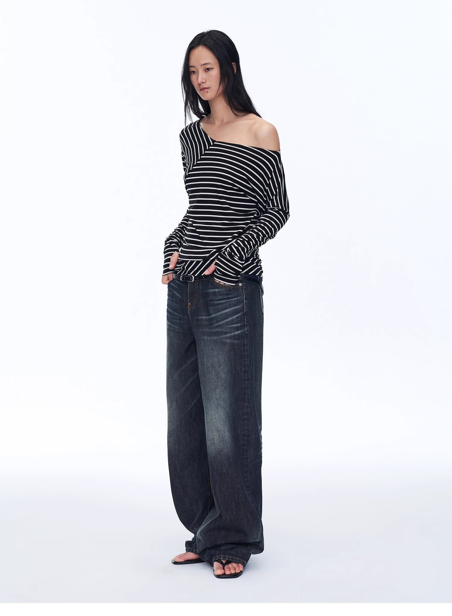 Fashionable off - shoulder Lyocell Tencel wool blended draped patchwork striped T-shirt"Picasso Lines" - variant_title