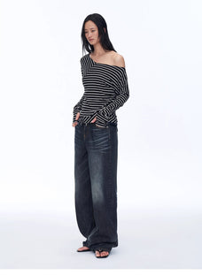 Fashionable off - shoulder Lyocell Tencel wool blended draped patchwork striped T-shirt"Picasso Lines" - variant_title