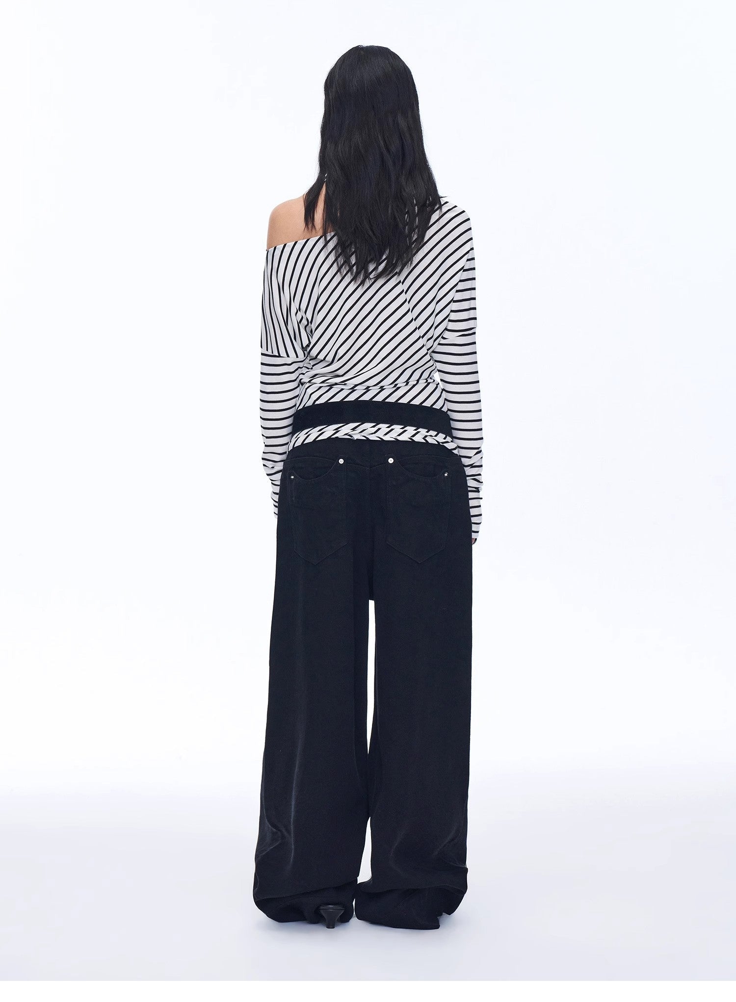 Fashionable off - shoulder Lyocell Tencel wool blended draped patchwork striped T-shirt"Picasso Lines" - variant_title