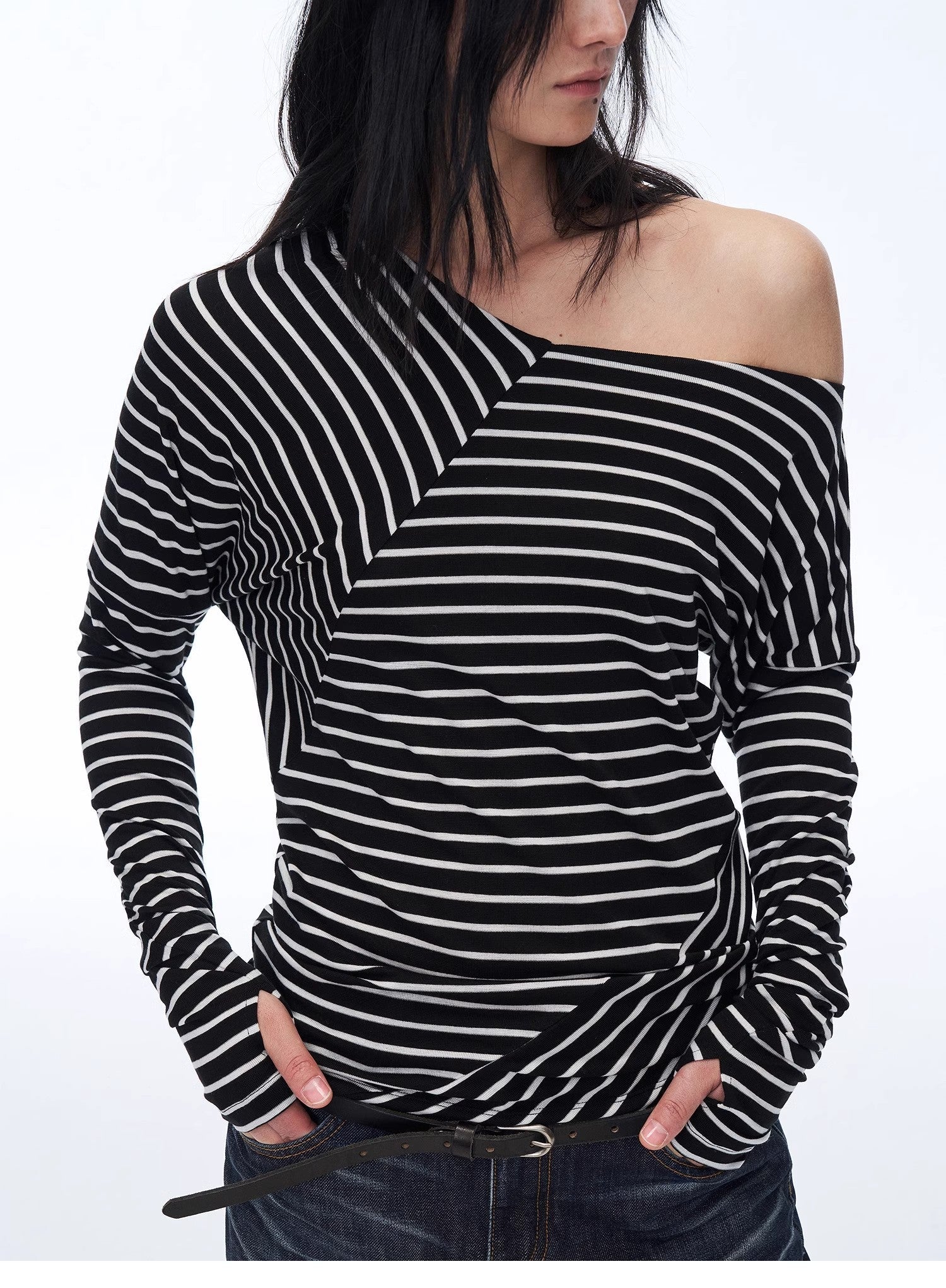 Fashionable off - shoulder Lyocell Tencel wool blended draped patchwork striped T-shirt"Picasso Lines" - variant_title