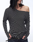 Fashionable off - shoulder Lyocell Tencel wool blended draped patchwork striped T-shirt"Picasso Lines" - variant_title