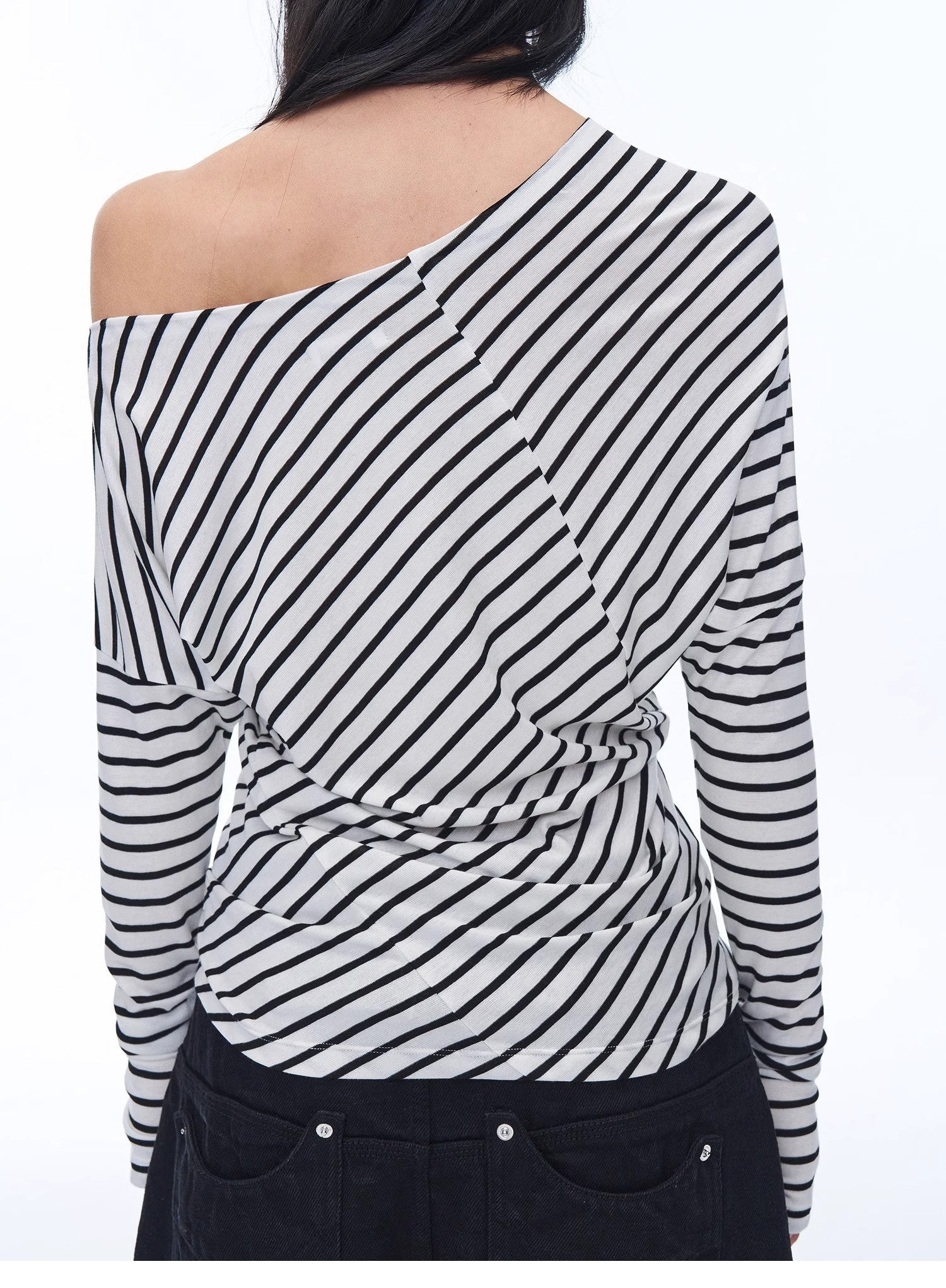 Fashionable off - shoulder Lyocell Tencel wool blended draped patchwork striped T-shirt"Picasso Lines" - variant_title