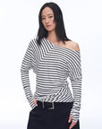 Fashionable off - shoulder Lyocell Tencel wool blended draped patchwork striped T-shirt"Picasso Lines" - variant_title