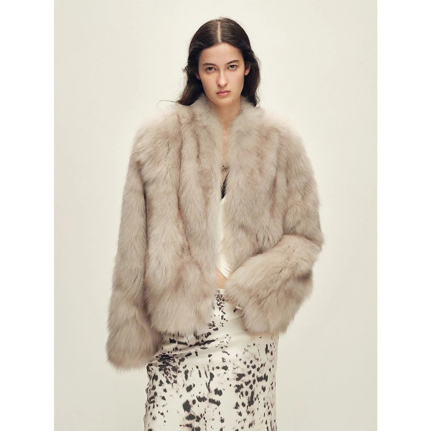 Short fox fur coat styled as a statement look